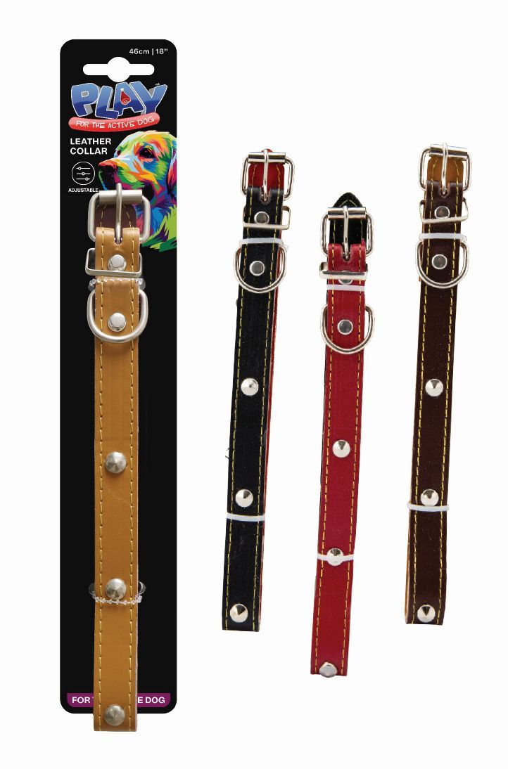 PET COLLAR LEATH MTL STUD 46CM